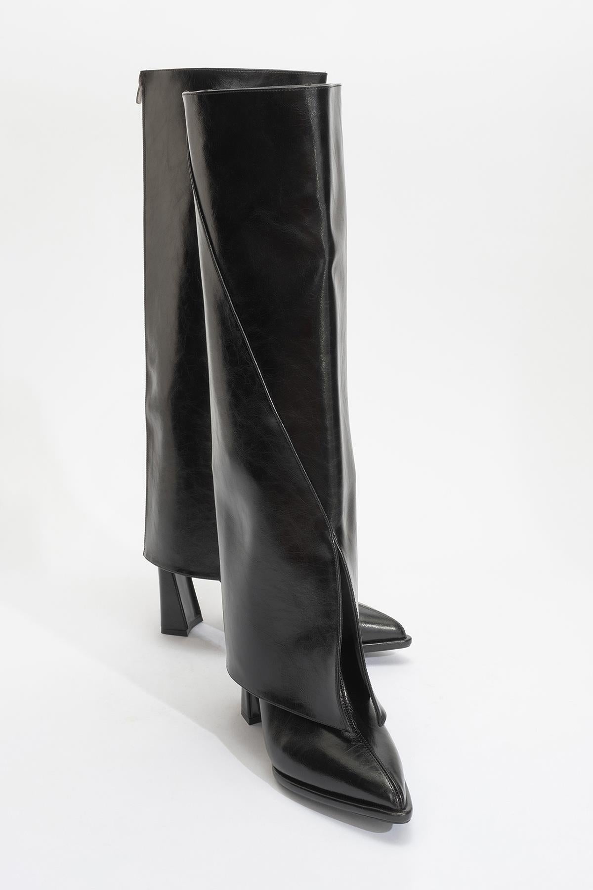 Aja - Black Block Heel Convertible Knee-High Boot – side view showing leather, black, SimmiUnique