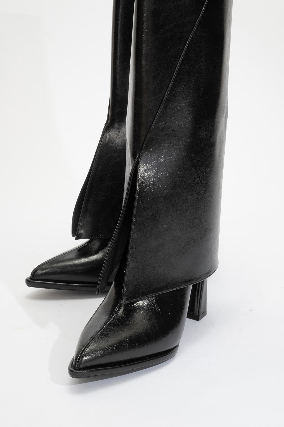 Aja - Black Block Heel Convertible Knee-High Boot – sole view showing leather, black, SimmiUnique