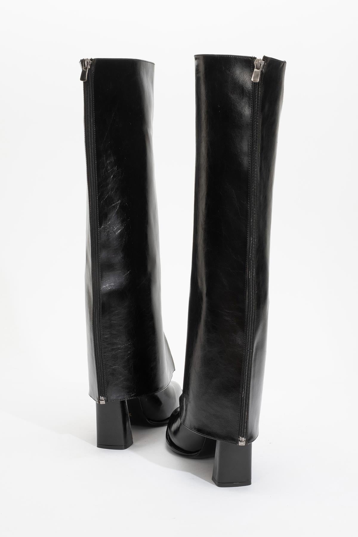 Aja - Black Block Heel Convertible Knee-High Boot – pair view showing leather, black, SimmiUnique