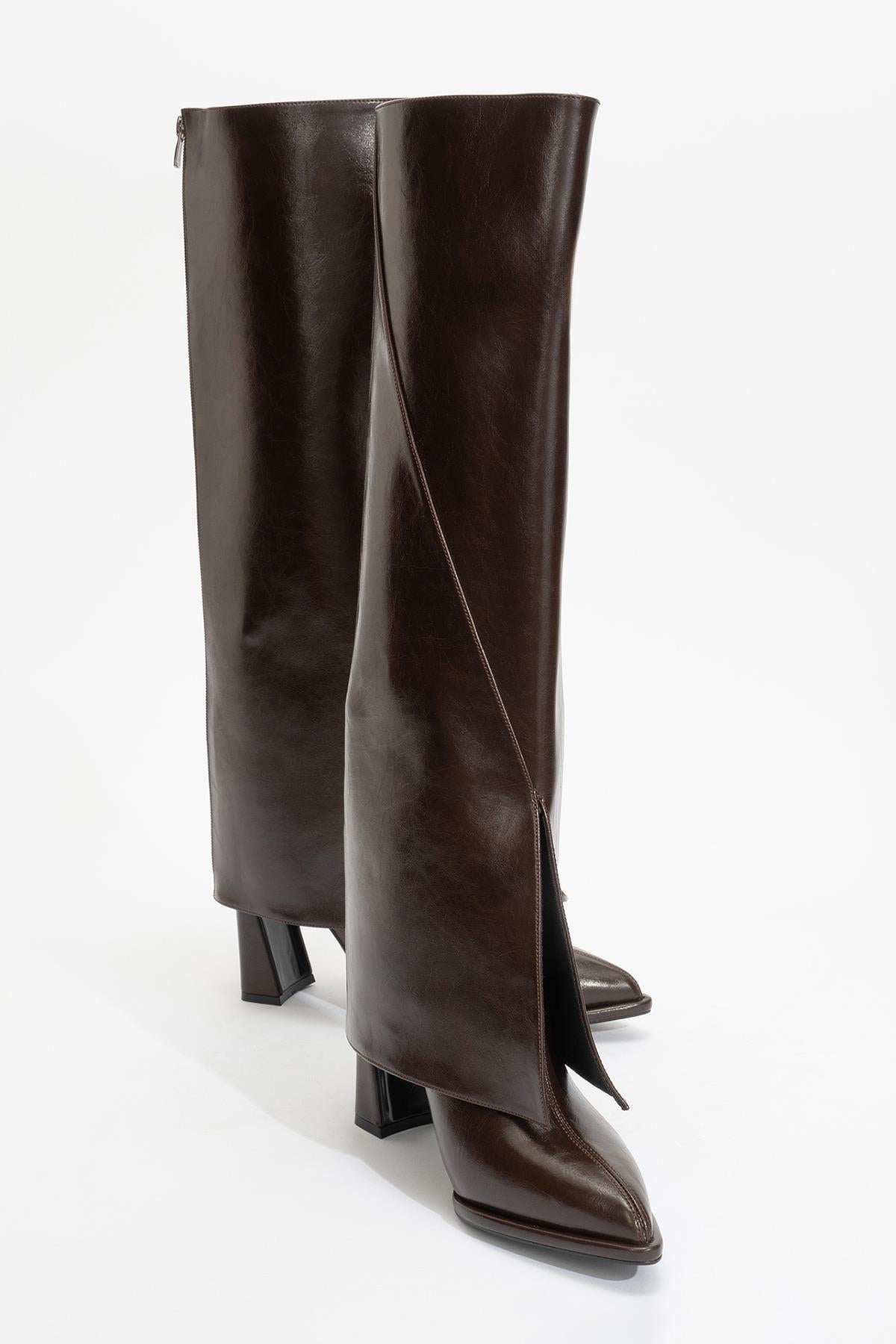 Aja - Brown Block Heel Convertible Knee-High Boot – side view showing leather, SimmiUnique