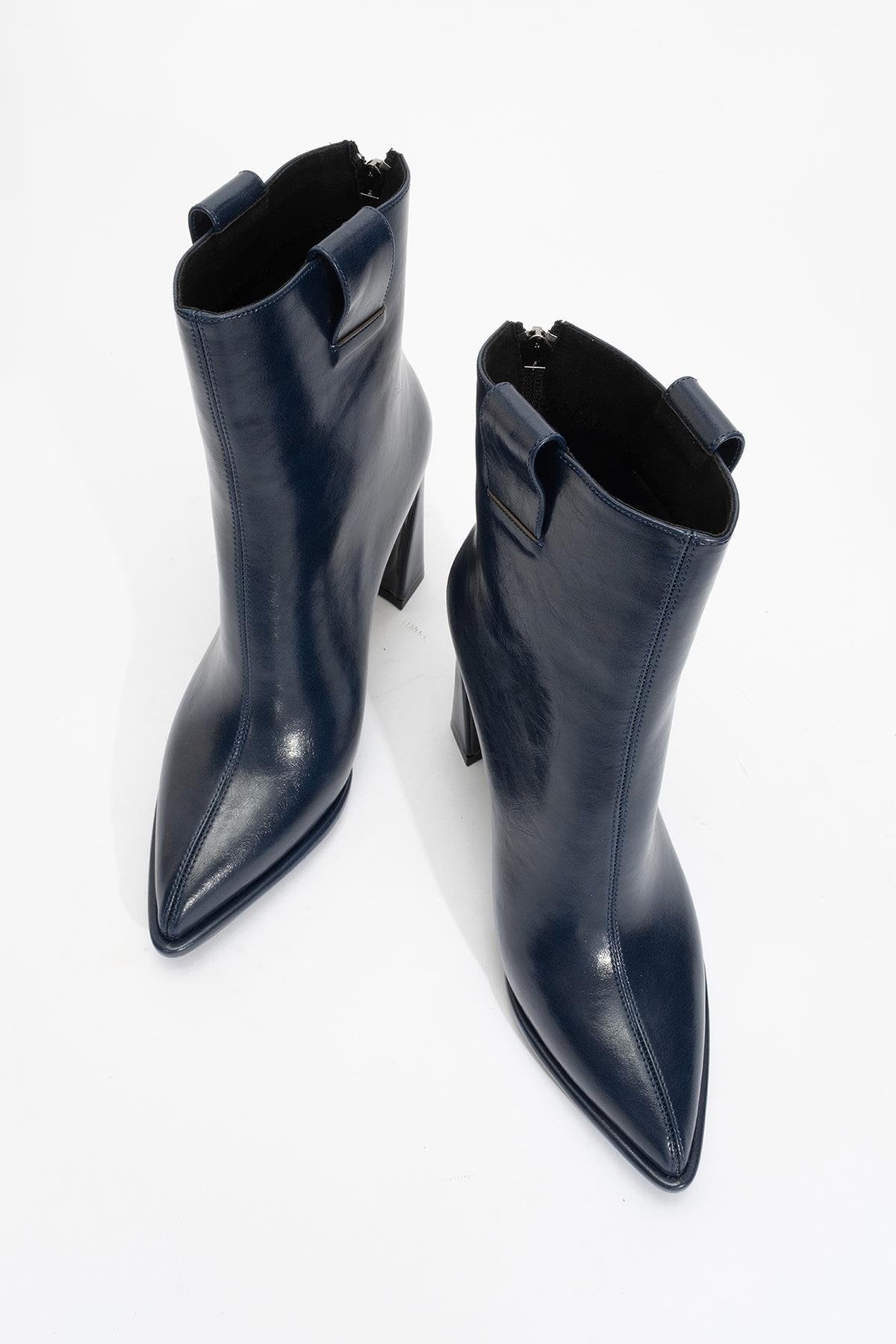 Aja - Navy Block Heel Convertible Knee-High Boot – product view 10 showing leather, SimmiUnique
