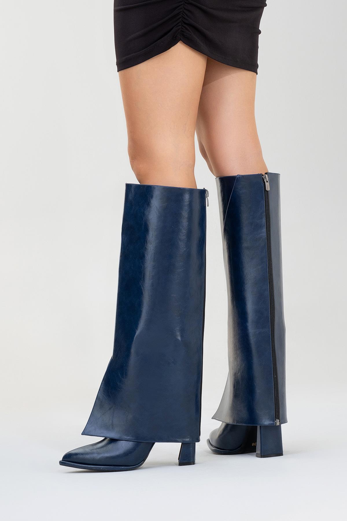 Aja - Navy Block Heel Convertible Knee-High Boot – side view showing leather, SimmiUnique