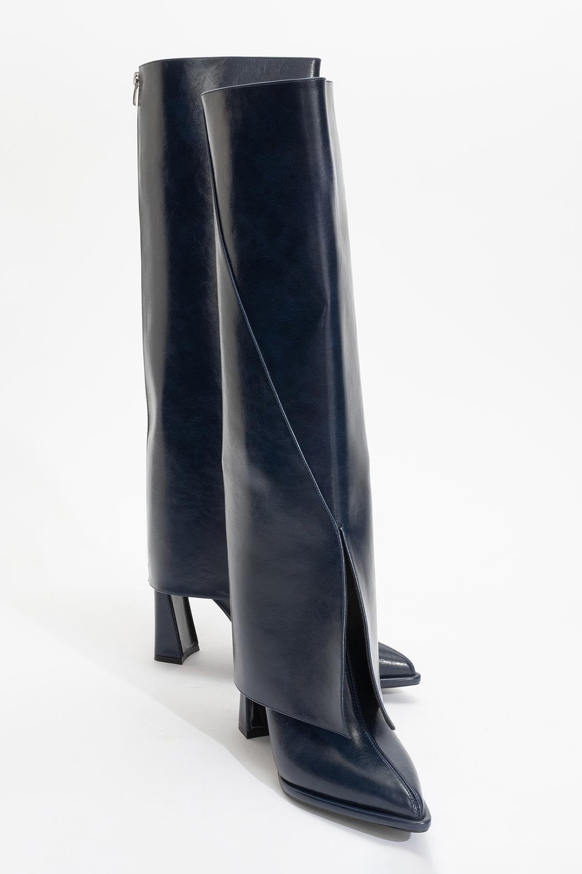 Aja - Navy Block Heel Convertible Knee-High Boot – detail view showing leather, SimmiUnique