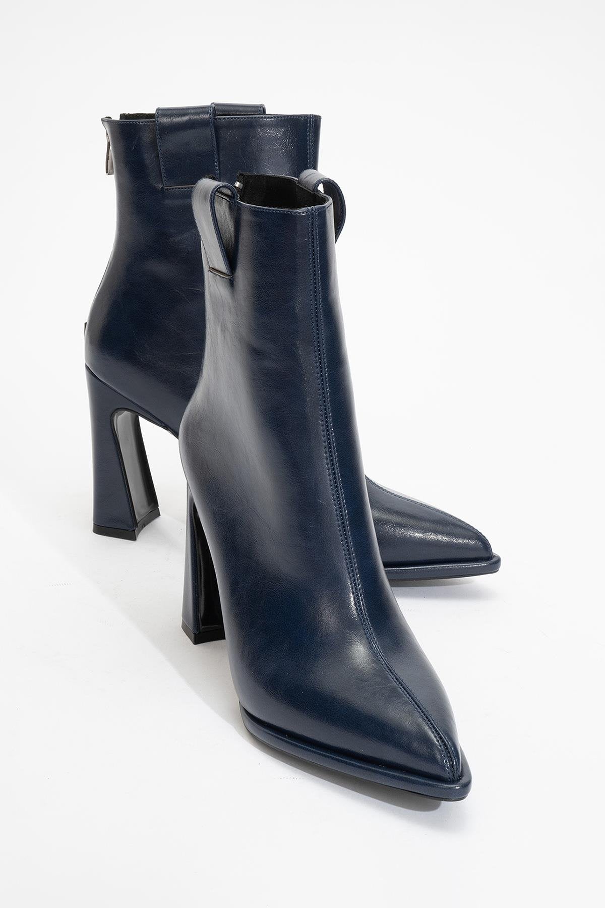 Aja - Navy Block Heel Convertible Knee-High Boot – heel view showing leather, SimmiUnique