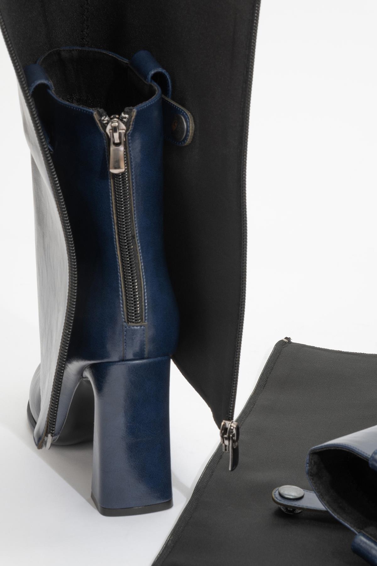Aja - Navy Block Heel Convertible Knee-High Boot – back view showing leather, SimmiUnique