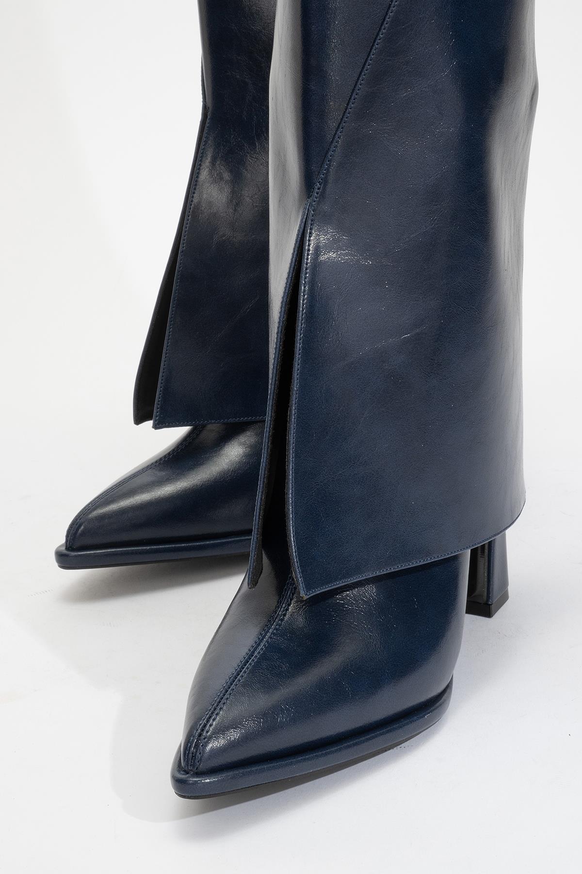 Aja - Navy Block Heel Convertible Knee-High Boot – pair view showing leather, SimmiUnique