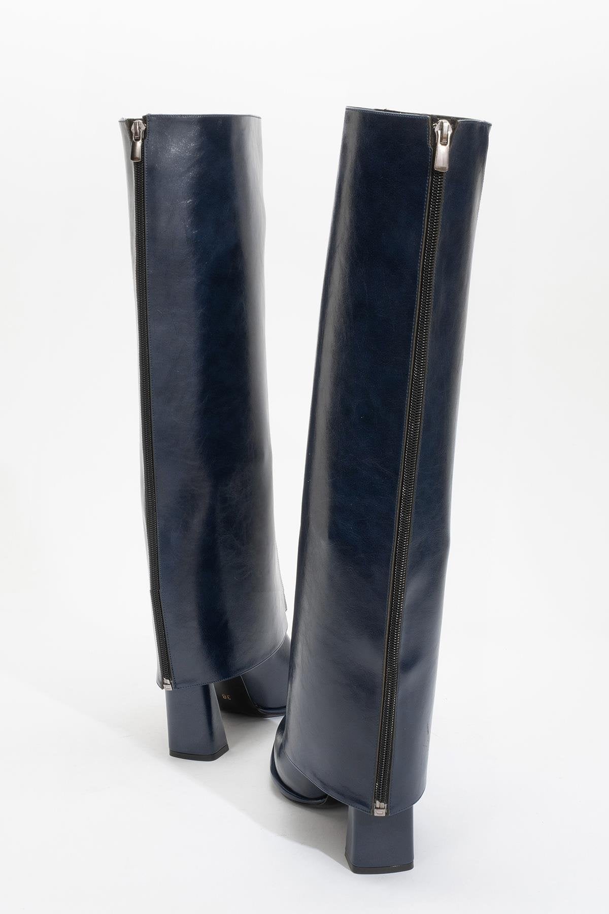 Aja - Navy Block Heel Convertible Knee-High Boot – product view 9 showing leather, SimmiUnique
