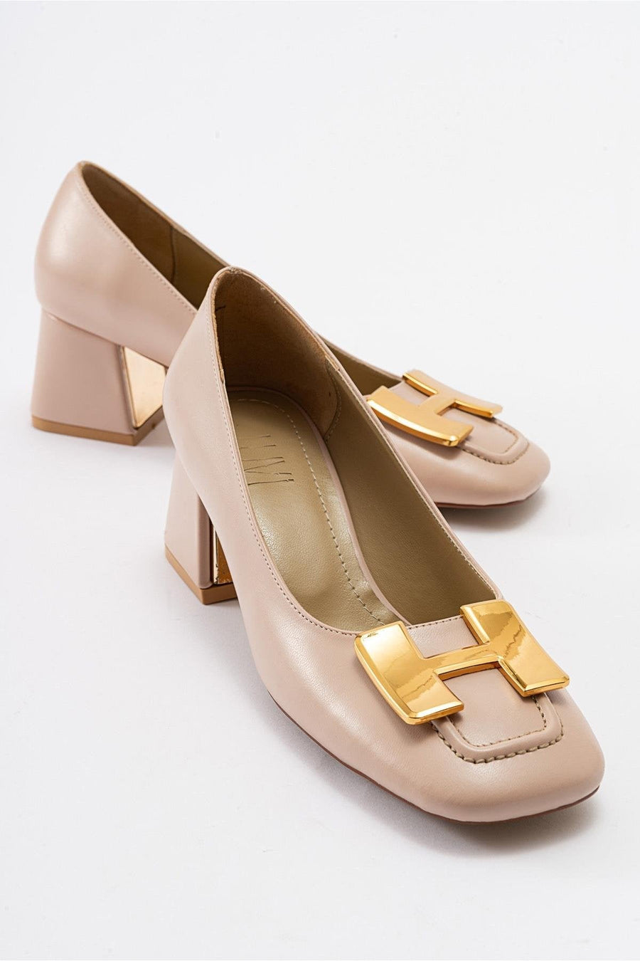 Elois - Beige Gold Buckled Heeled Shoe