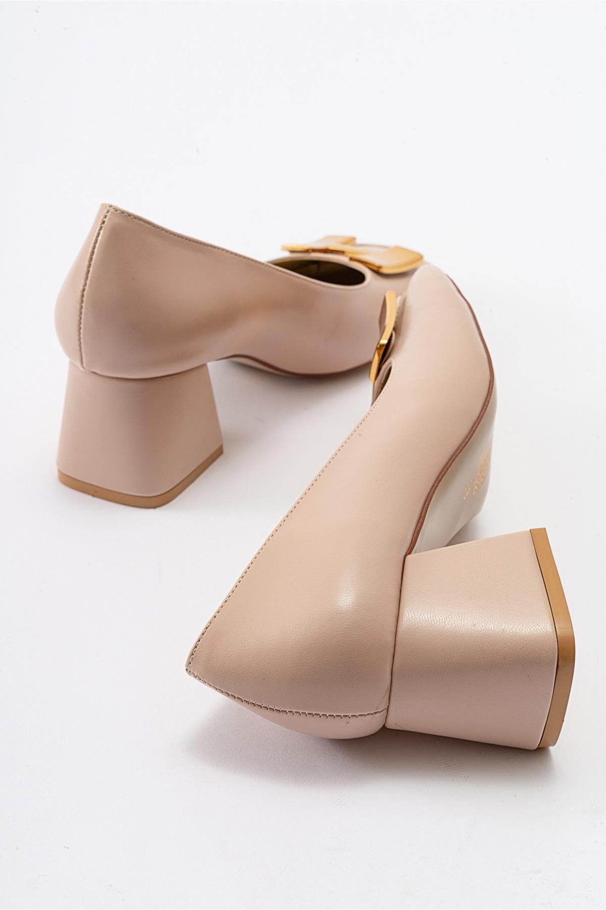 Elois - Beige Gold Buckled Heeled Shoe – side view showing leather, gold, SimmiUnique