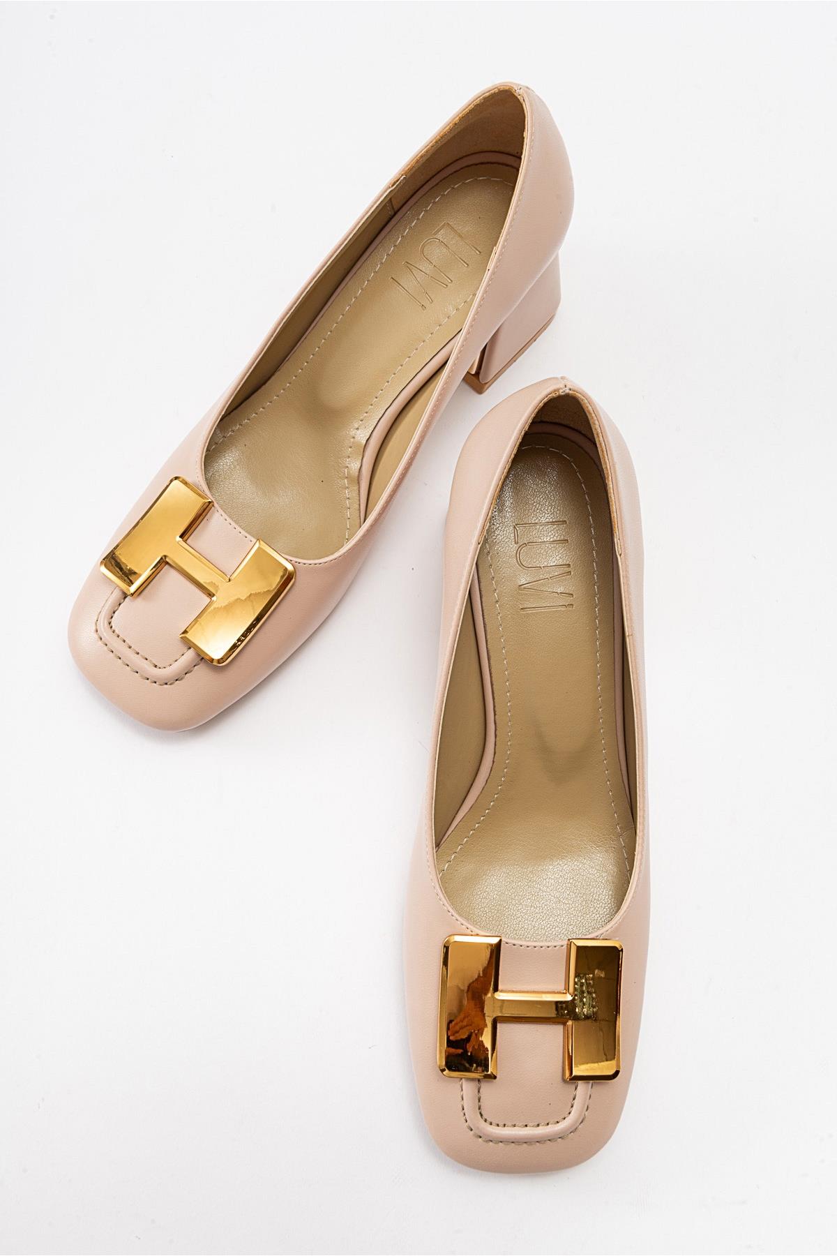 Elois - Beige Gold Buckled Heeled Shoe – heel view showing leather, gold, SimmiUnique