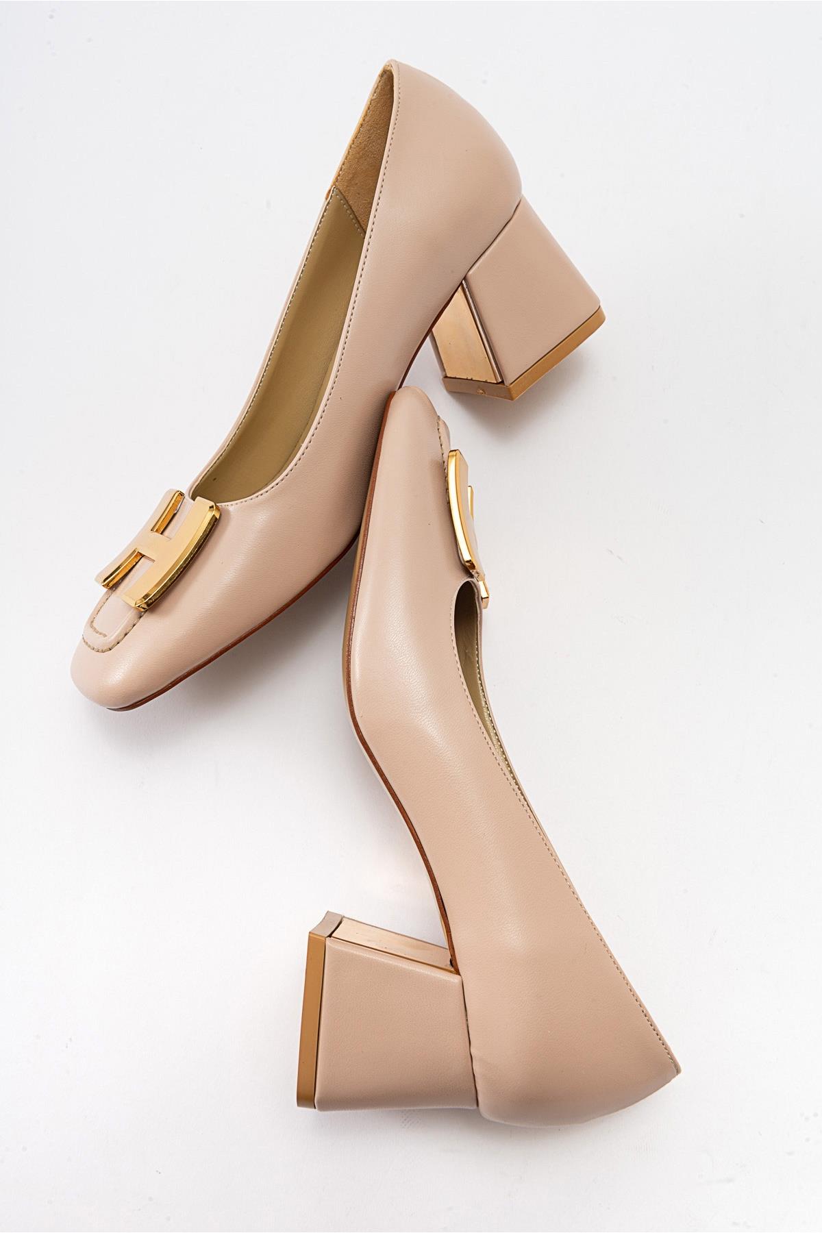 Elois - Beige Gold Buckled Heeled Shoe – back view showing leather, gold, SimmiUnique
