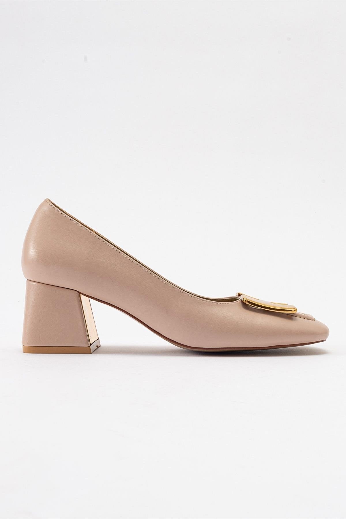 Elois - Beige Gold Buckled Heeled Shoe – top view showing leather, gold, SimmiUnique