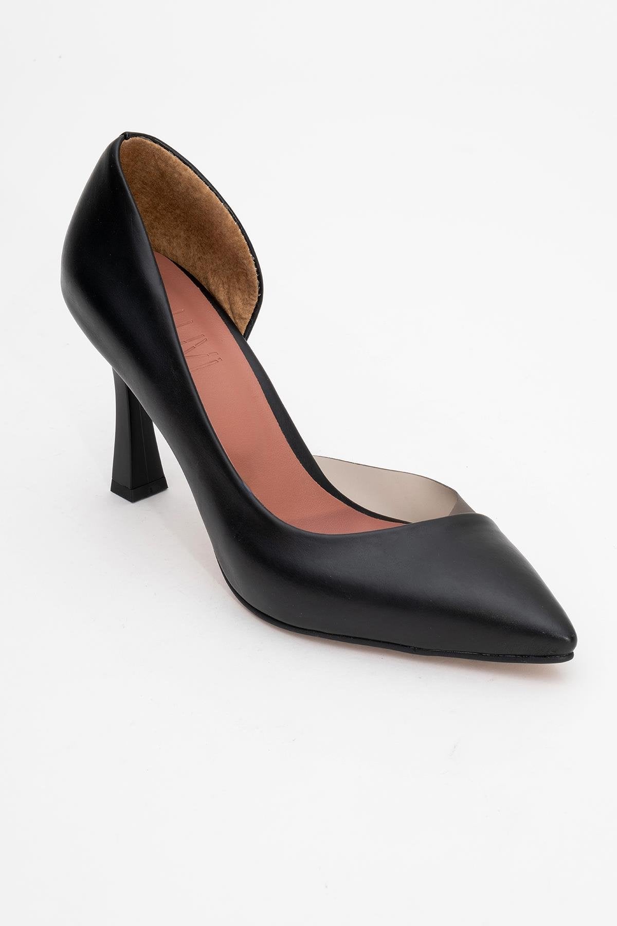 Ursula - Black Heeled Shoe – detail view showing leather, black, SimmiUnique