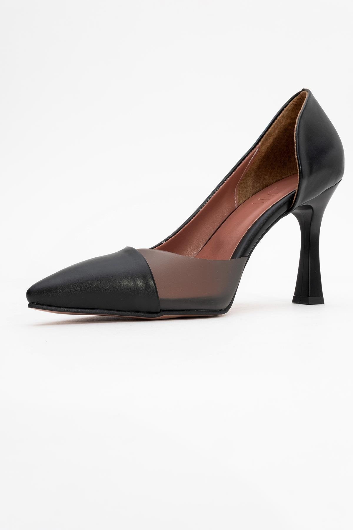 Ursula - Black Heeled Shoe – heel view showing leather, black, SimmiUnique