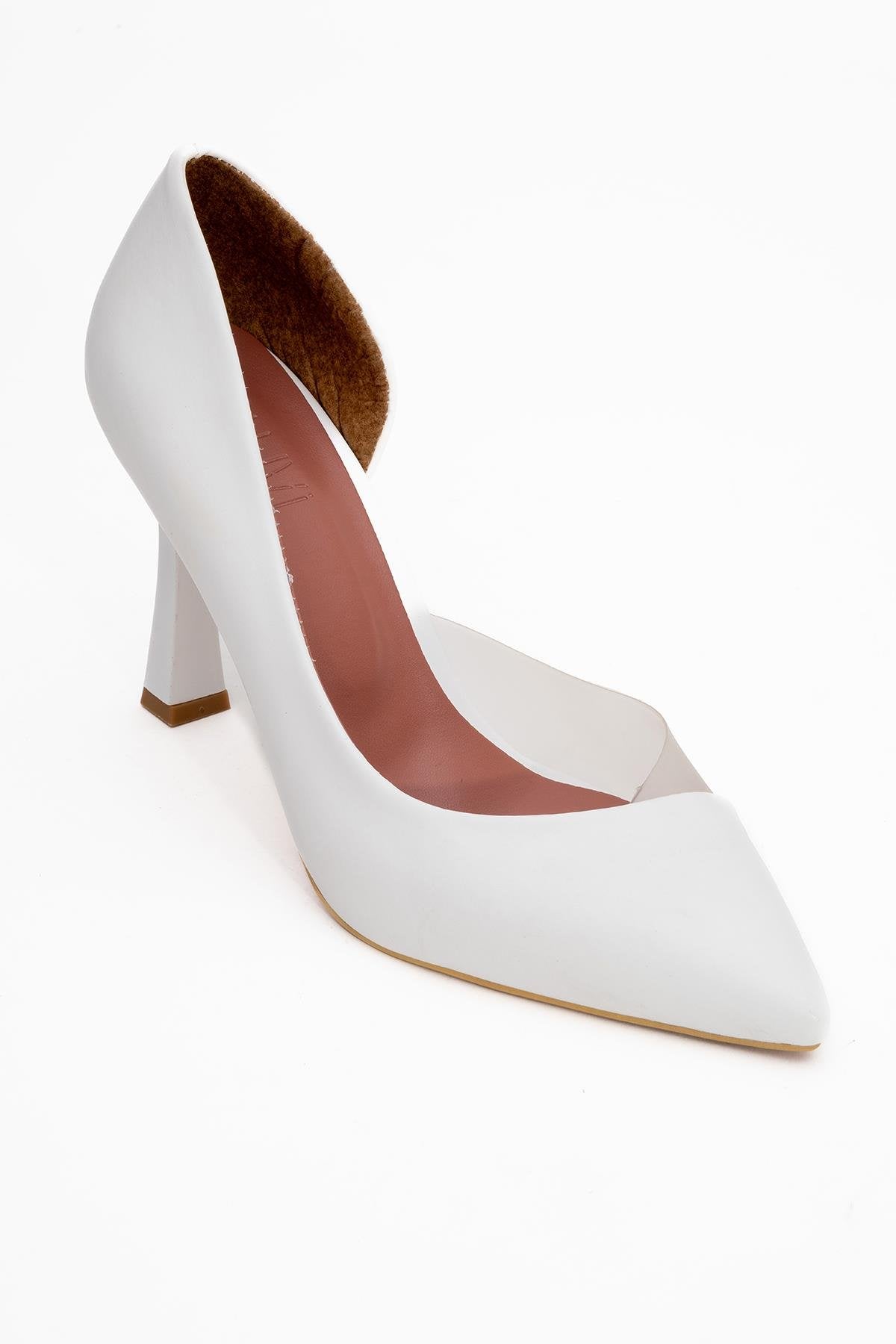 Ursula - White Heeled Shoe – detail view showing leather, white, SimmiUnique