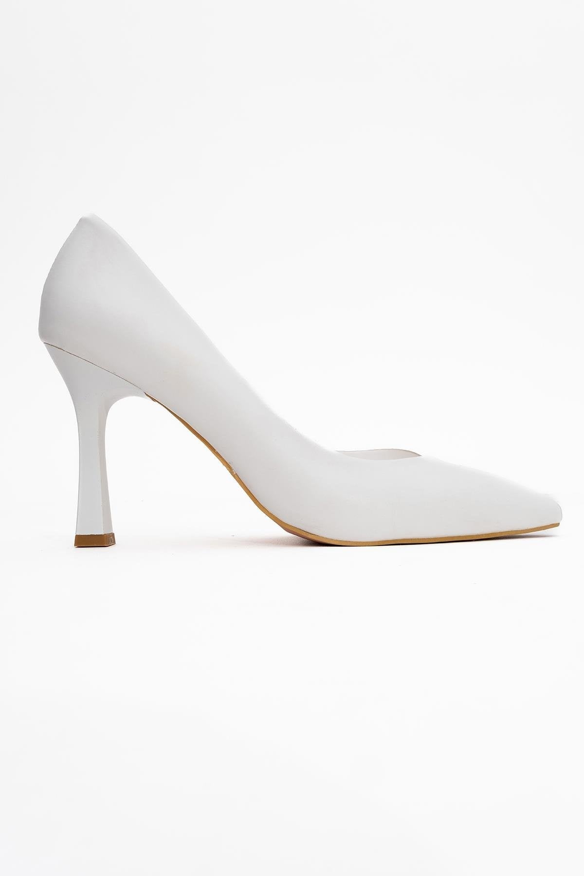 Ursula - White Heeled Shoe – top view showing leather, white, SimmiUnique