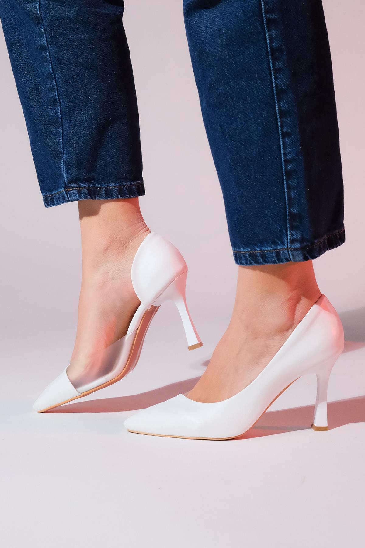 Ursula - White Heeled Shoe – sole view showing leather, white, SimmiUnique
