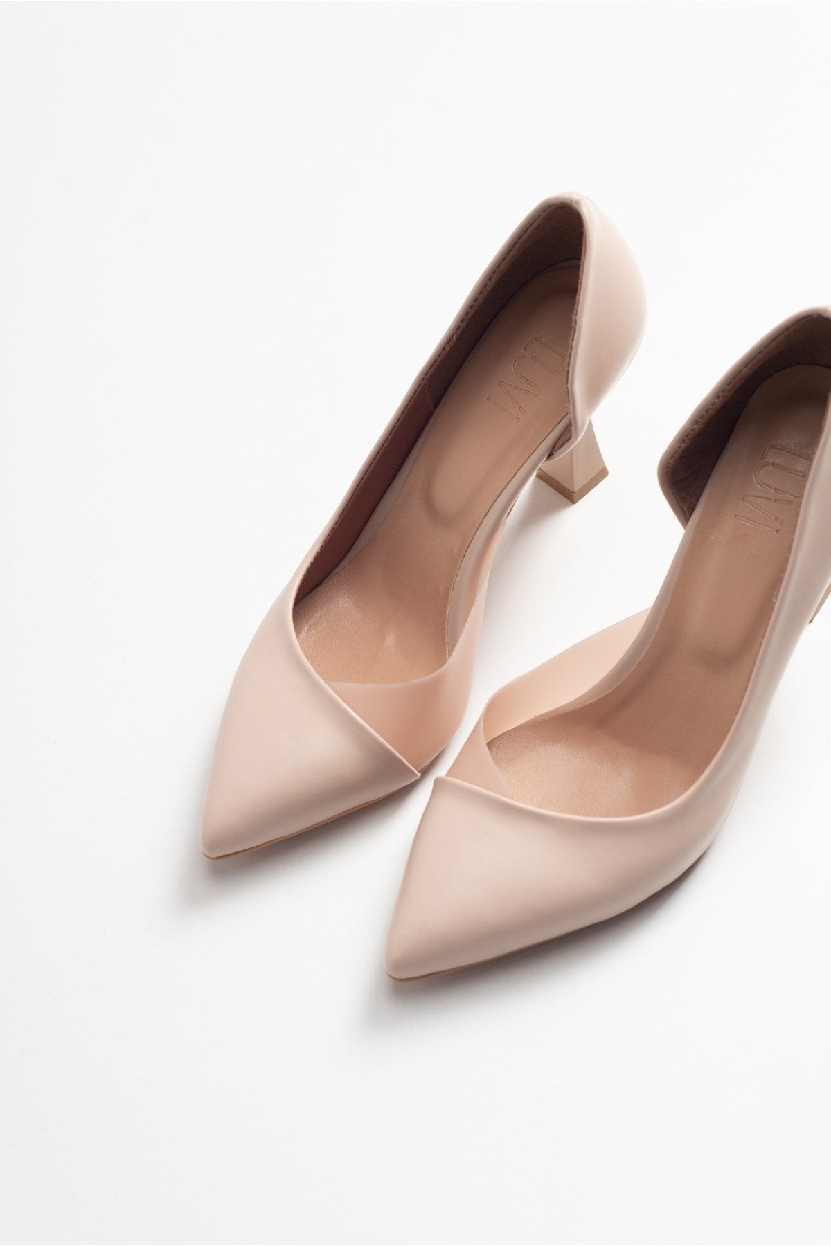 Ursula - Nude Heeled Shoe – side view showing leather, nude, SimmiUnique