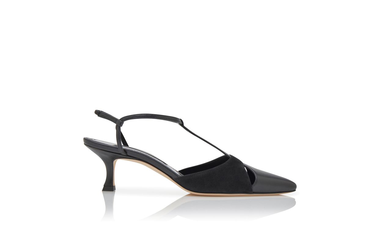Amelie Flame Black T-Bar T-Bar Shoes – side profile showing black t-bar, pointed toe, suede, nappa leather, SimmiUnique