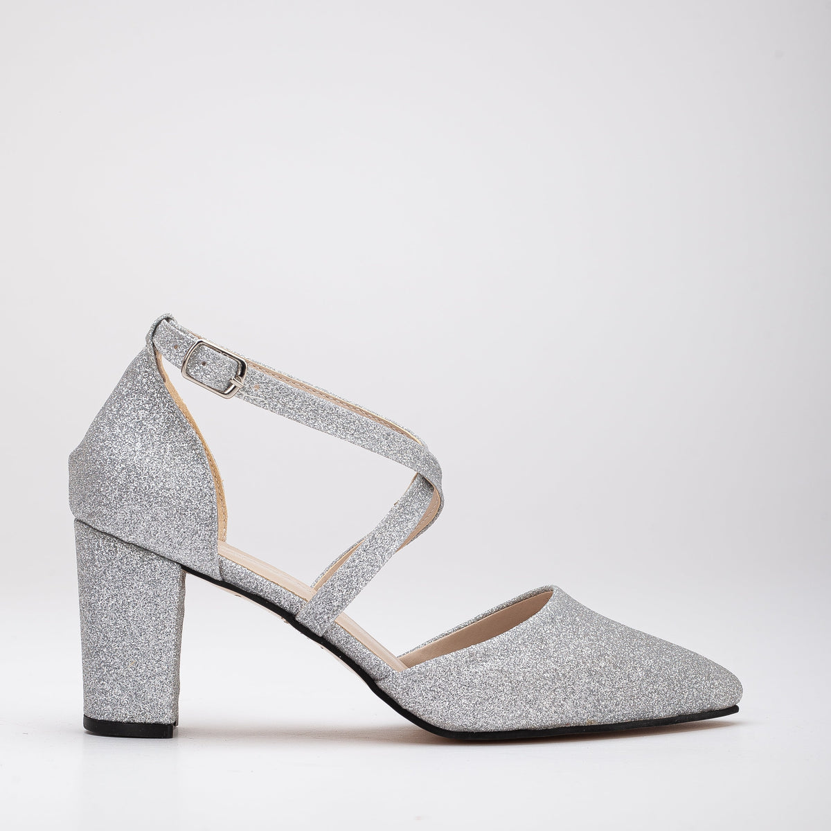 Sina - Silver Sparkling Wedding Shoes – front three-quarter view showing glitter, silver, SimmiUnique