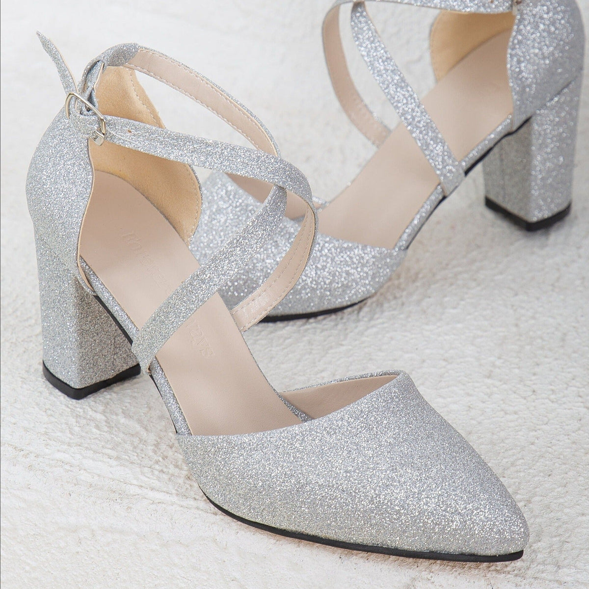 Sina - Silver Sparkling Wedding Shoes – detail view showing glitter, silver, SimmiUnique