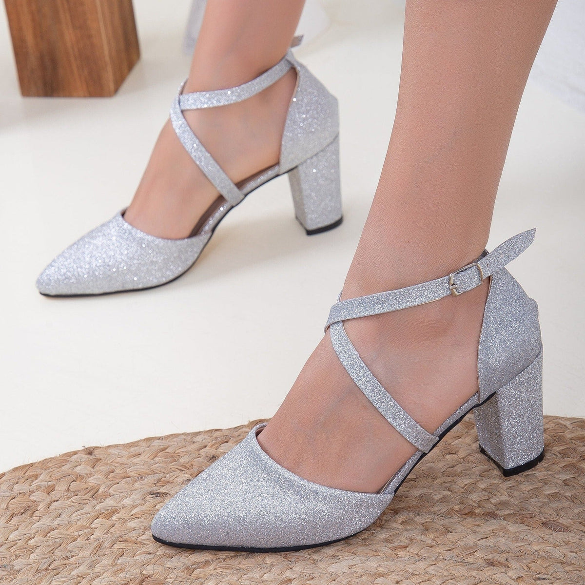 Sina - Silver Sparkling Wedding Shoes – heel view showing glitter, silver, SimmiUnique