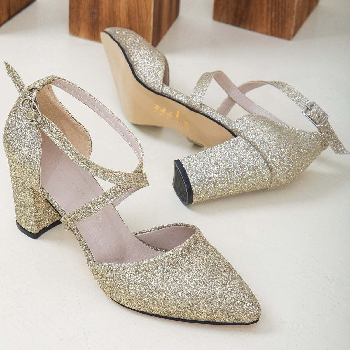Sina - Gold Glitter Wedding Shoes – heel view showing glitter, gold, SimmiUnique