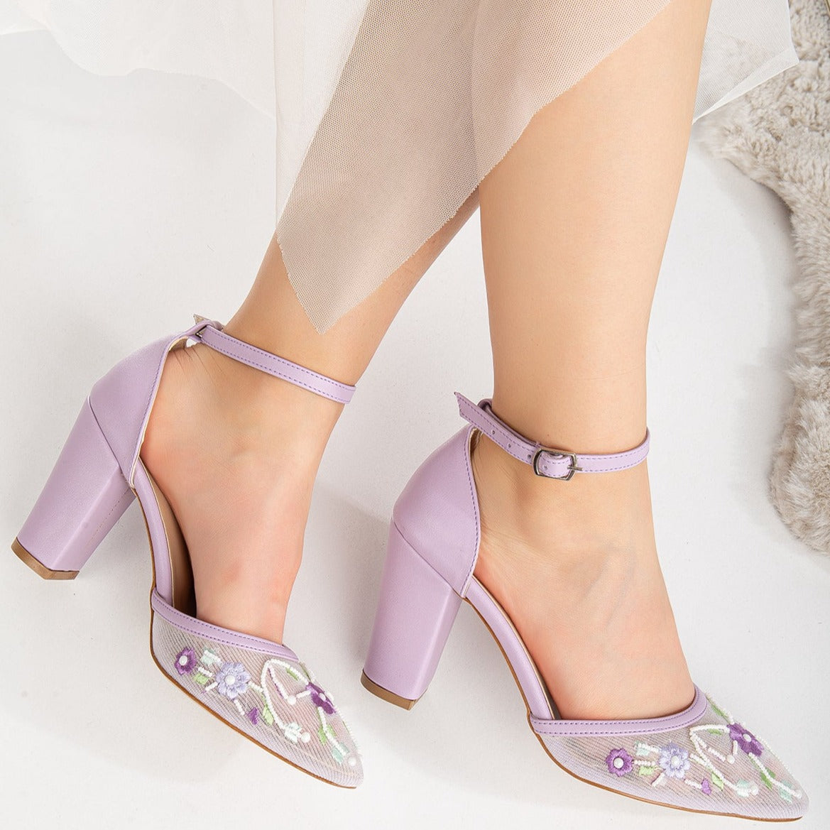 Lorraine - Lavender Floral Lace Wedding Shoes – detail view showing pearl, lace, leather, SimmiUnique