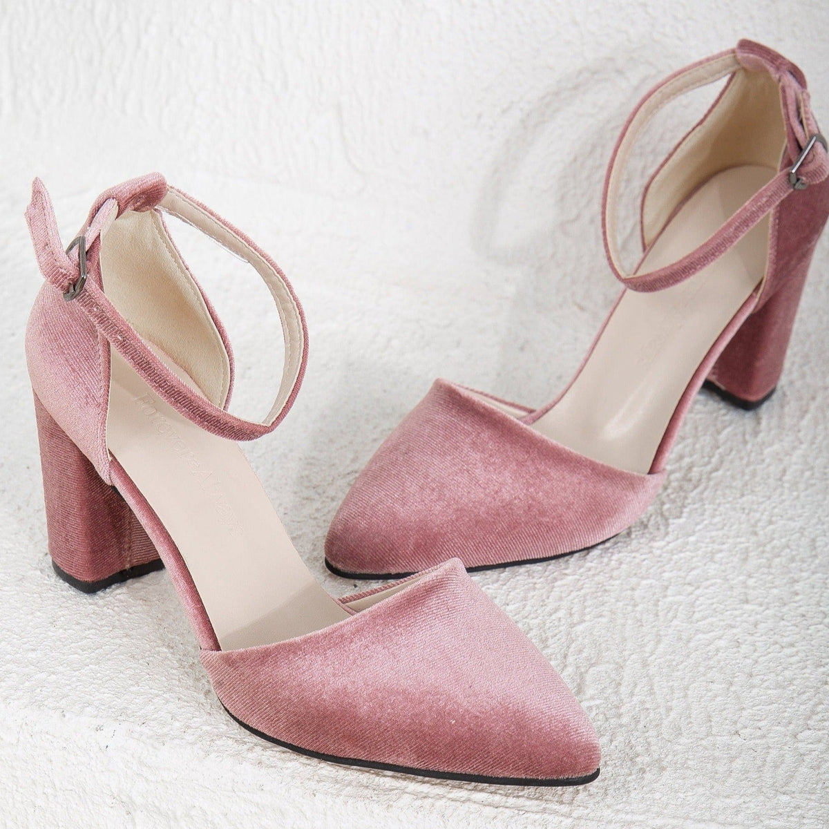 Gisele - Rose Velvet High Heels – detail view showing velvet, pink, SimmiUnique
