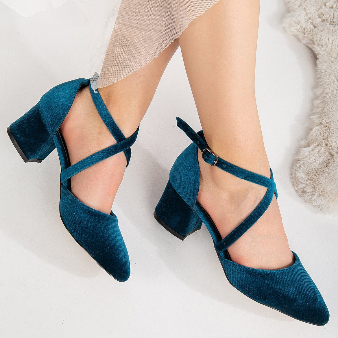 Dolly - Teal Blue Velvet Heels – heel view showing velvet, blue, SimmiUnique