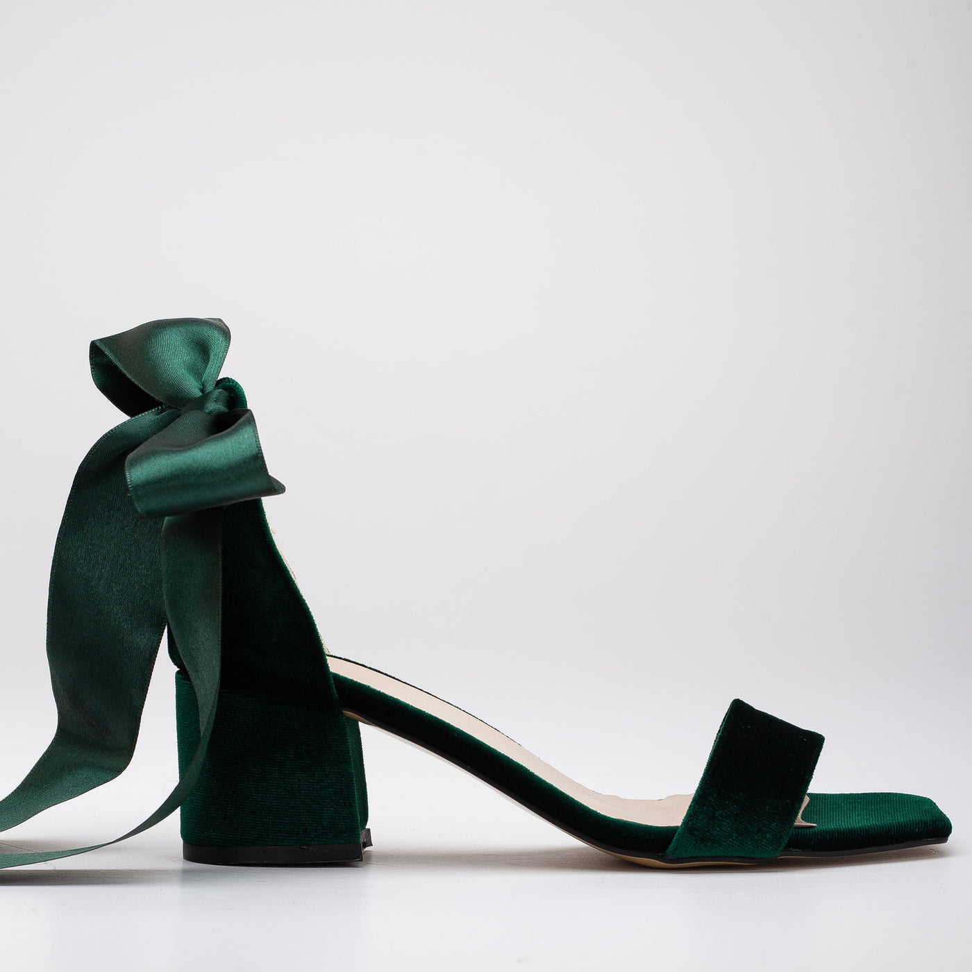 Hera - Emerald Green Sandals with Ribbon – front three-quarter view showing satin, velvet, red, SimmiUnique