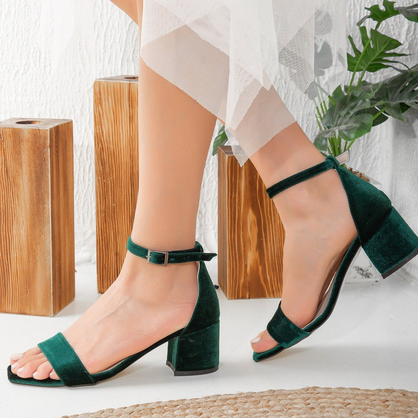 Hera - Emerald Green Sandals with Ribbon – pair view showing satin, velvet, red, SimmiUnique