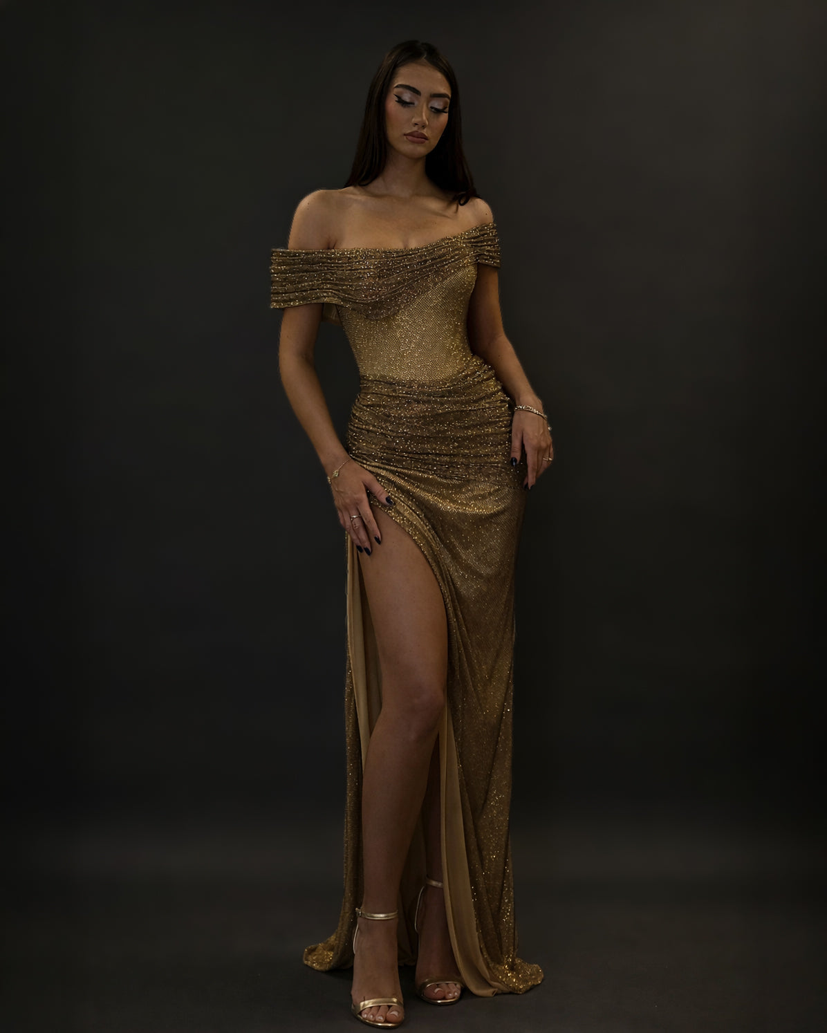 Gold Crystal Off-Shoulder Corset Evening Dress - SimmiUnique