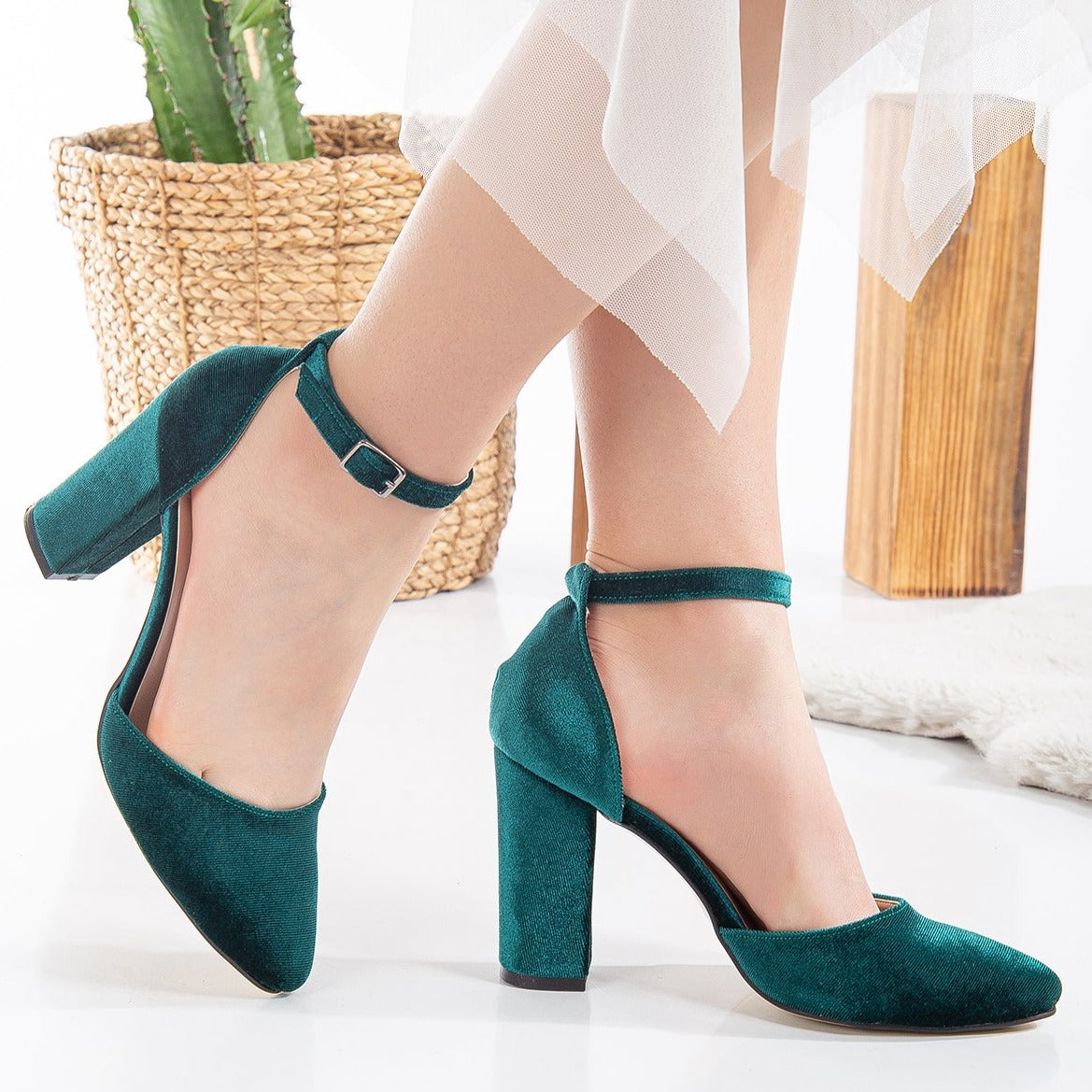 Gisele - Emerald Green Wedding Heels with Ribbon – product view 9 showing satin, velvet, green, SimmiUnique