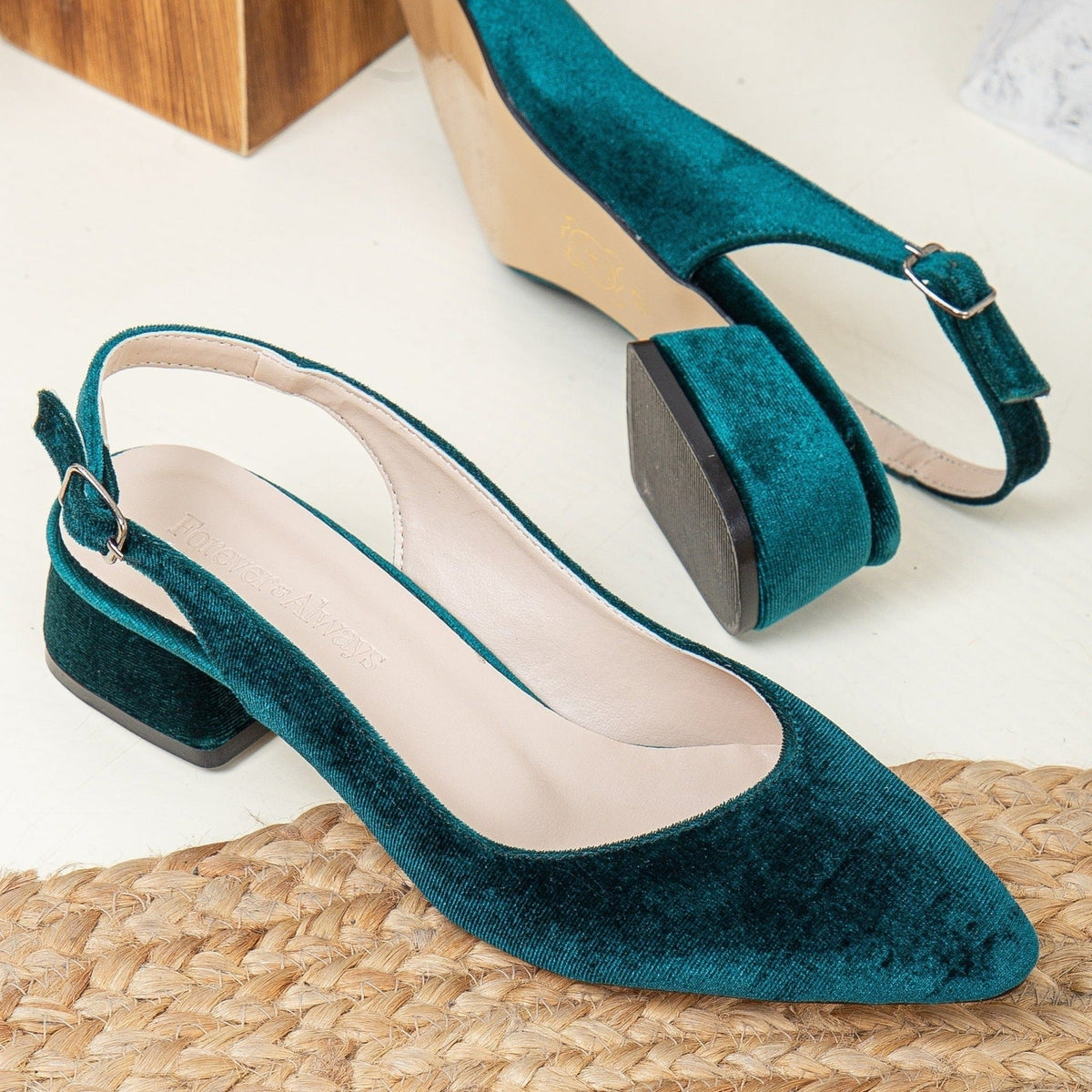 Emma - Green Velvet Slingback Shoes – detail view showing velvet, green, SimmiUnique
