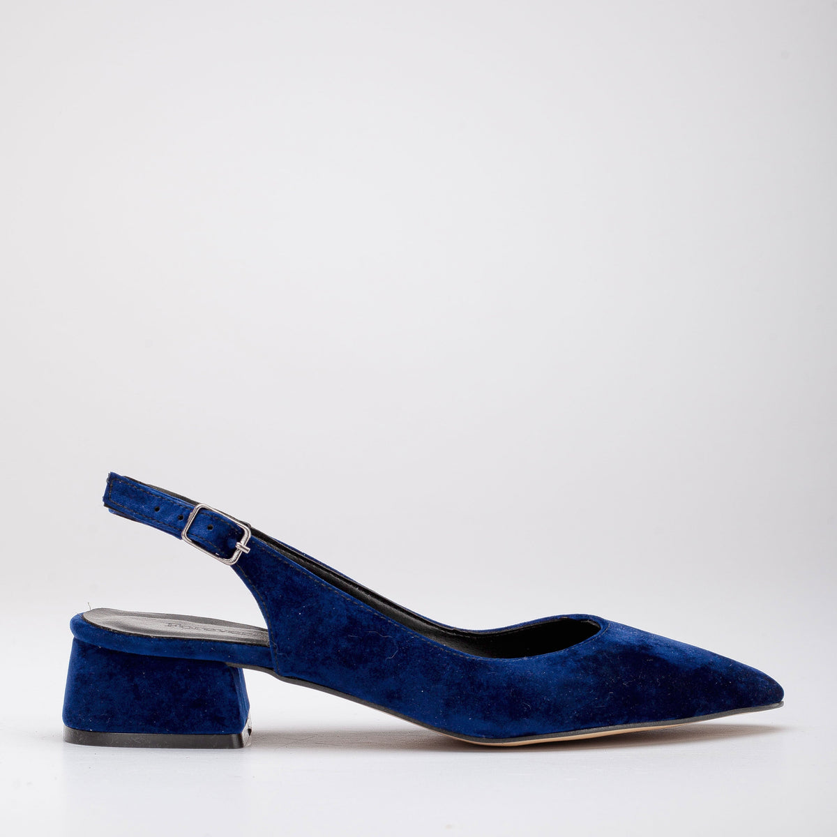Emma - Blue Velvet Slingback Shoes – front three-quarter view showing velvet, blue, SimmiUnique