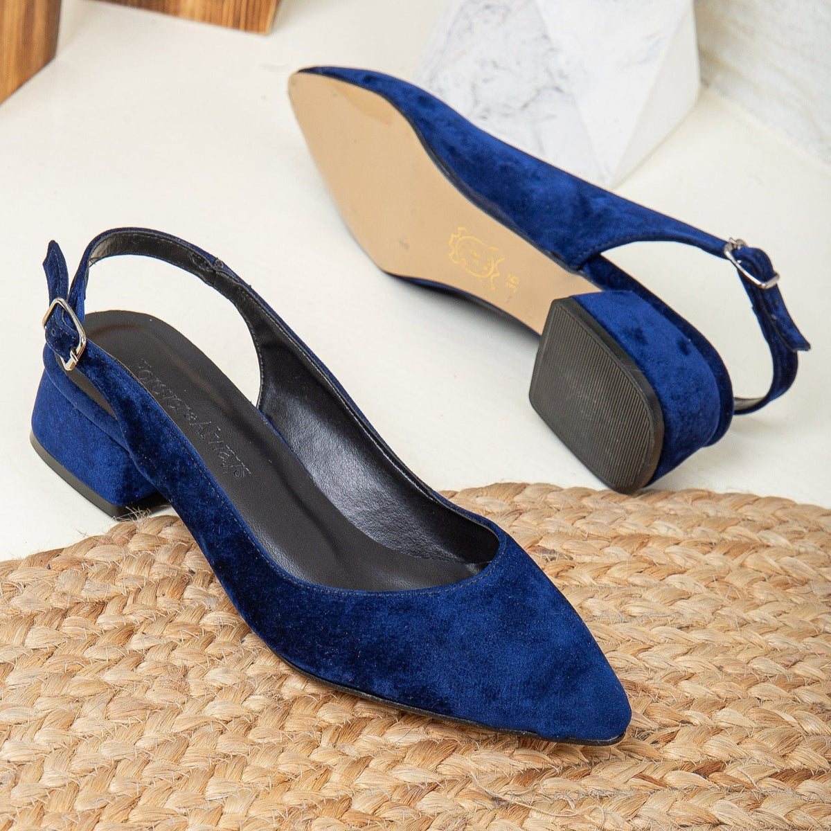 Emma - Blue Velvet Slingback Shoes – heel view showing velvet, blue, SimmiUnique