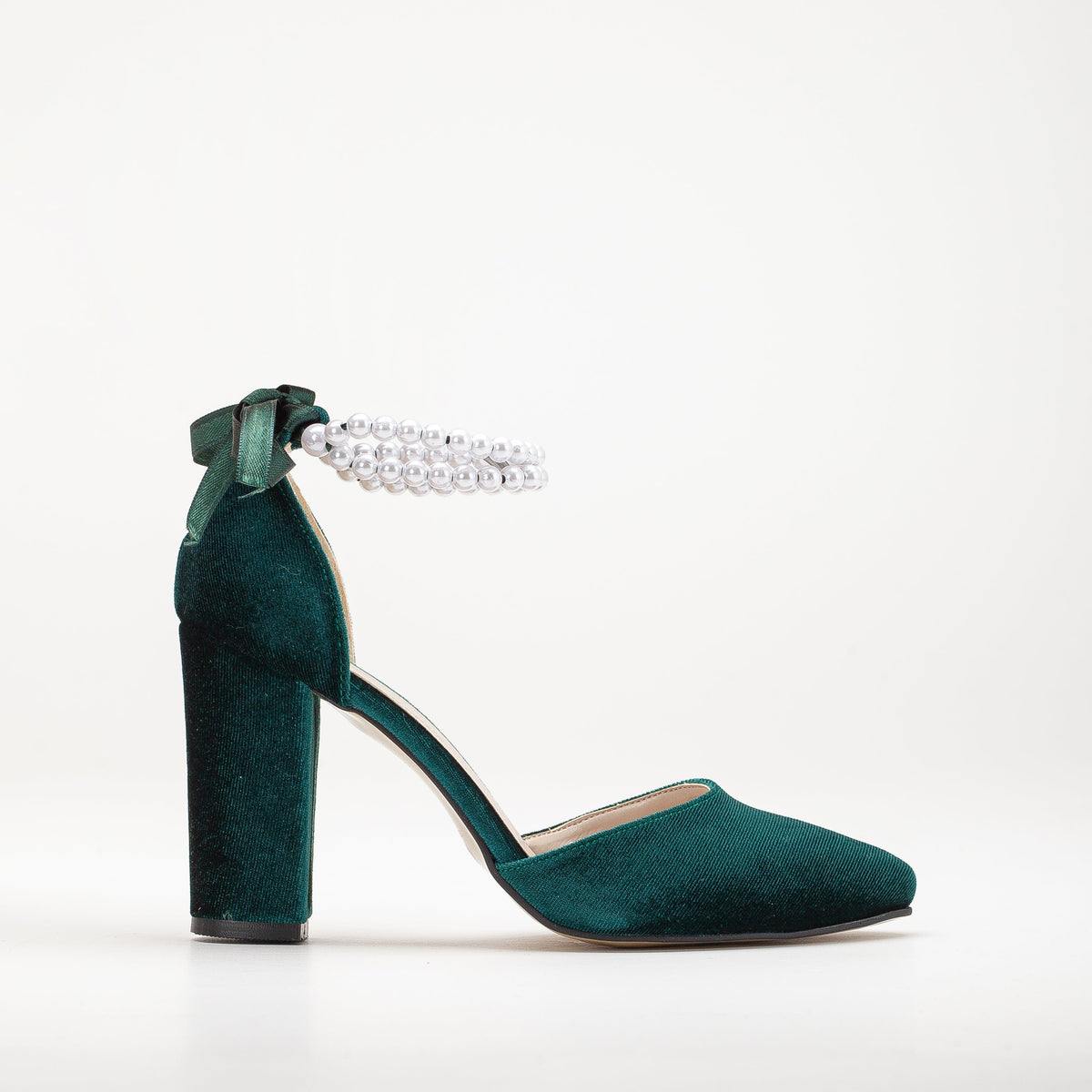 Denise - Emerald Green Heels with Pearls – front three-quarter view showing pearl, velvet, green, SimmiUnique