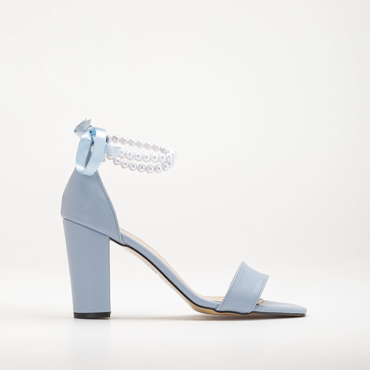 Melissa - Baby Blue Sandals with Pearls – front three-quarter view showing pearl, leather, blue, SimmiUnique