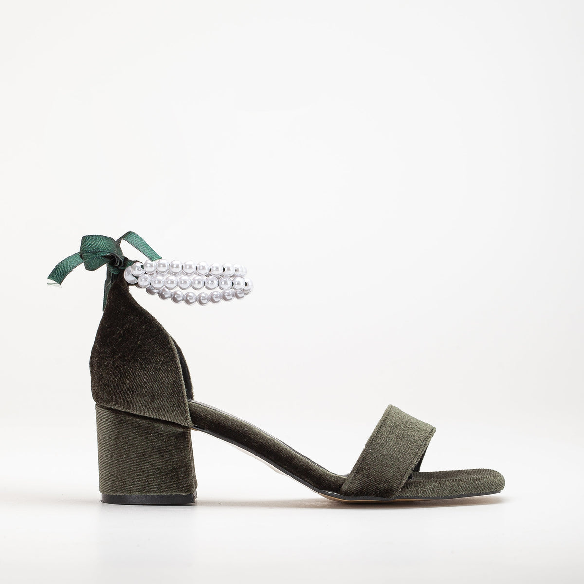 Illy - Olive Green Velvet Sandals with Pearls – front three-quarter view showing pearl, velvet, green, SimmiUnique