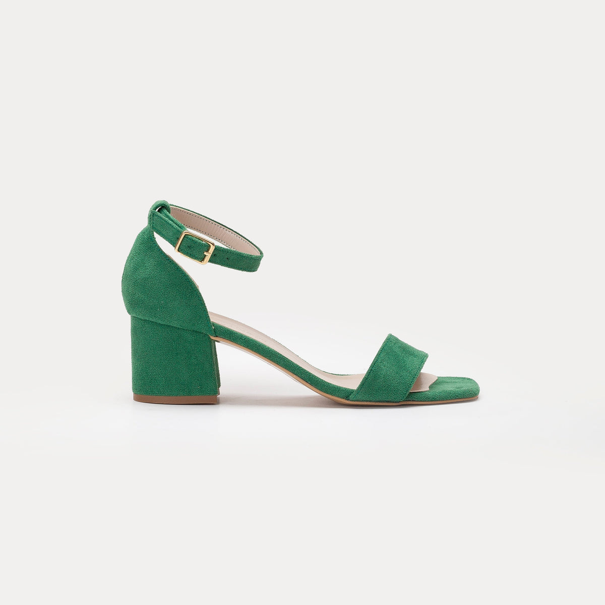 Iva - Green Suede Low Heels – front three-quarter view showing leather, suede, green, SimmiUnique
