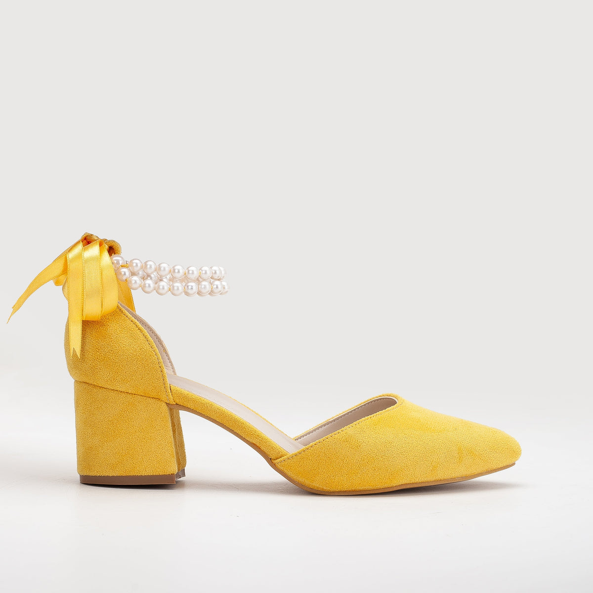 Miranda - Yellow Pumps with Pearls – front three-quarter view showing pearl, leather, suede, SimmiUnique