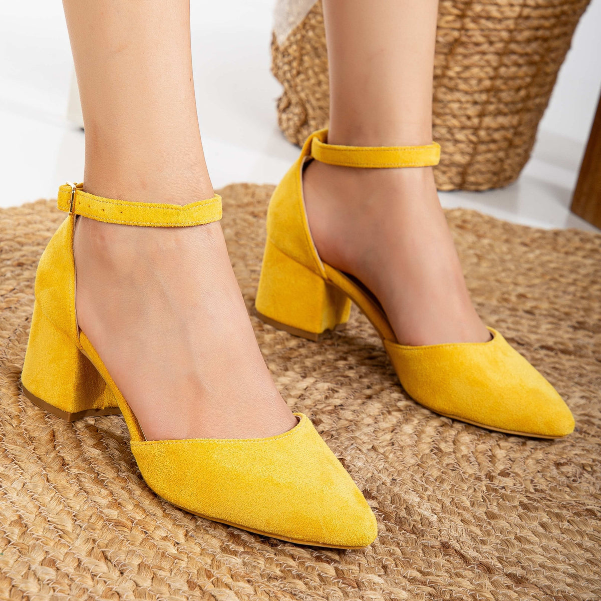Miranda - Yellow Pumps with Pearls – pair view showing pearl, leather, suede, SimmiUnique