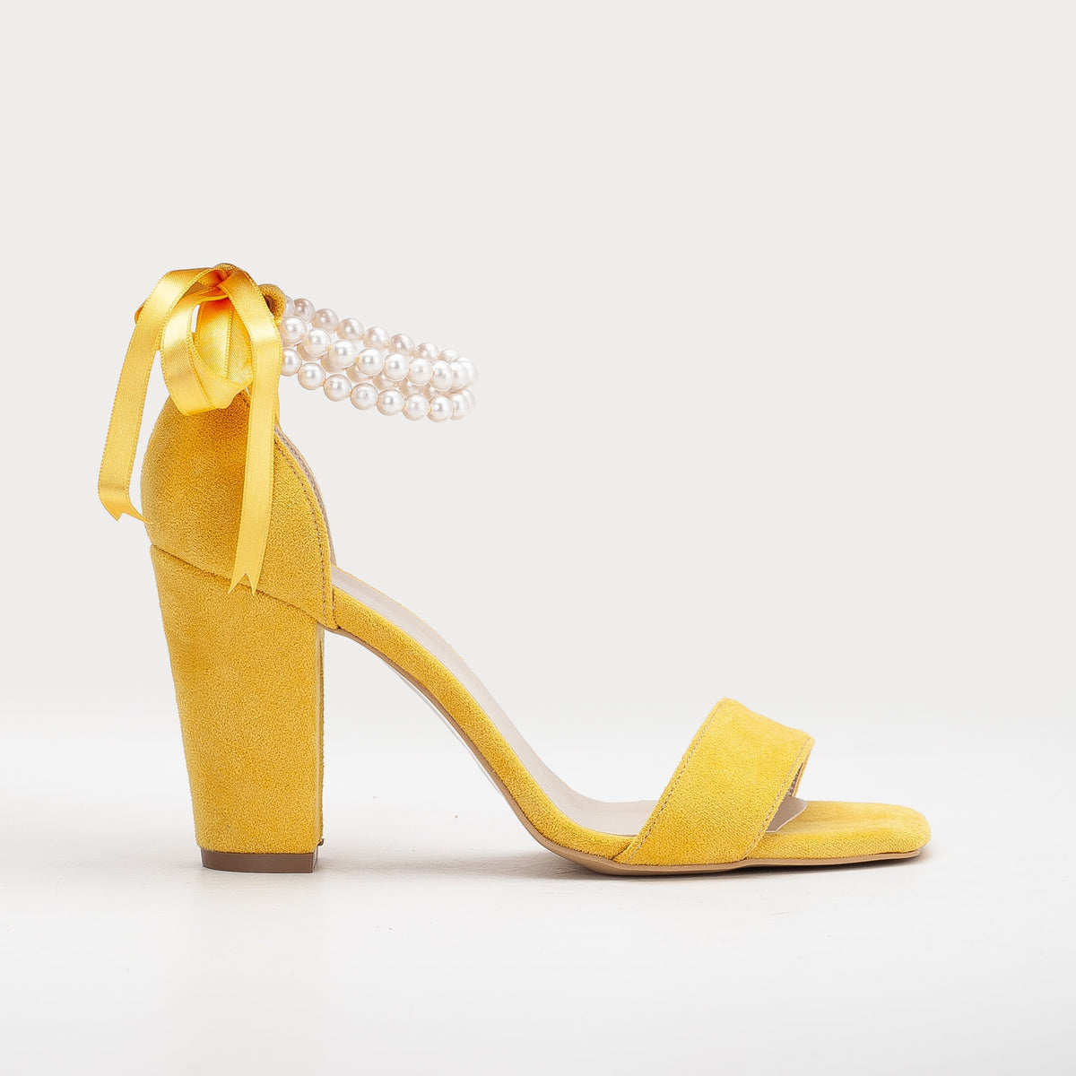 Melissa - Yellow Suede Sandals with Pearls – front three-quarter view showing pearl, leather, suede, SimmiUnique