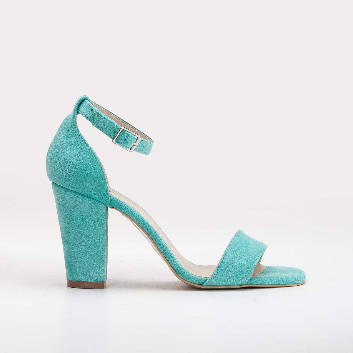 Jess - Aqua Blue Suede Sandals – front three-quarter view showing leather, suede, blue, SimmiUnique