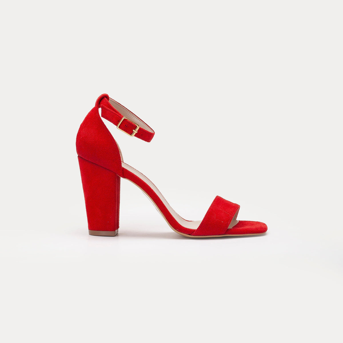 Jess - Red Suede Sandals – front three-quarter view showing leather, suede, red, SimmiUnique