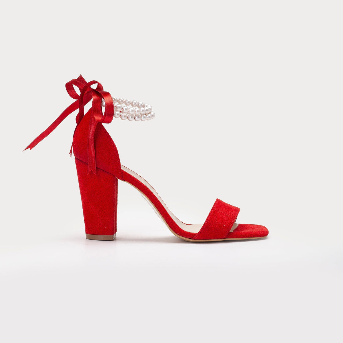 Melissa - Red Suede Sandals with Pearls – front three-quarter view showing pearl, leather, suede, SimmiUnique