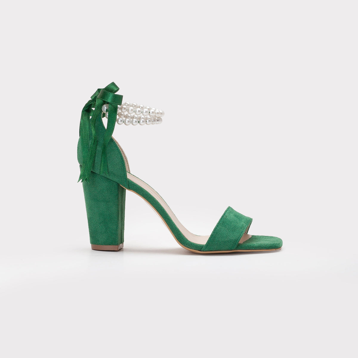 Melissa - Green Suede Sandals with Pearls – front three-quarter view showing pearl, leather, suede, SimmiUnique