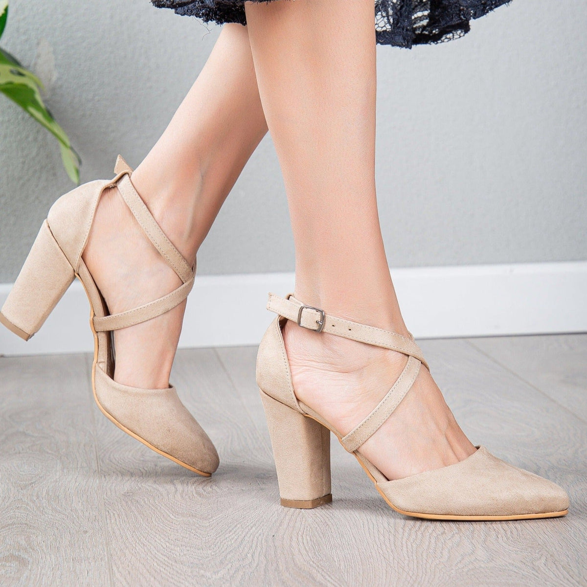 Sina - Beige Suede Criss Cross Heels – heel view showing leather, suede, nude, SimmiUnique