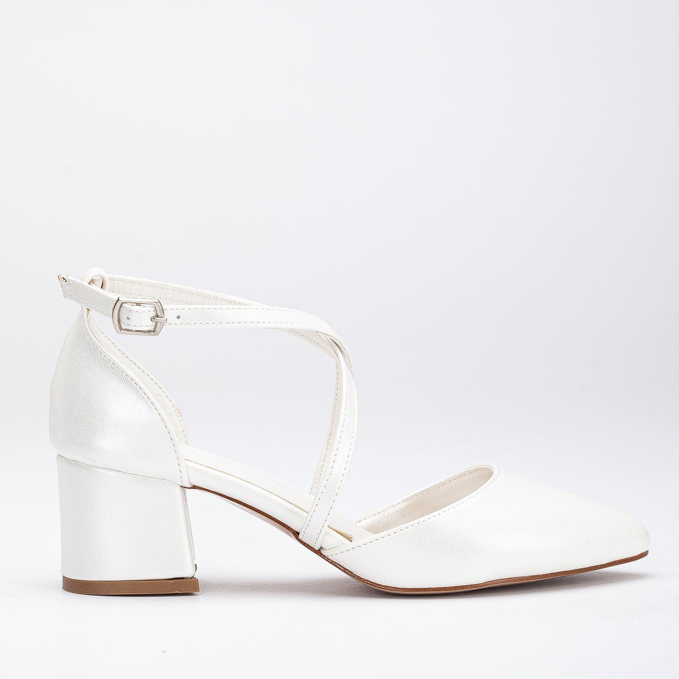 Dolly - Ivory Bridal Low Heels – front three-quarter view showing leather, ivory, SimmiUnique